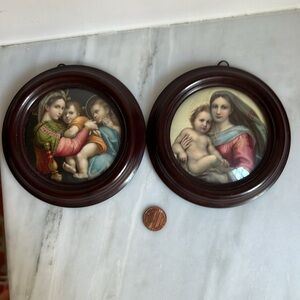 Small Pair (2) Pictures of Madonna and Child Circular